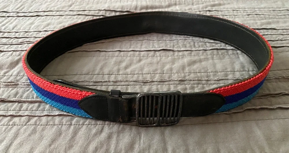 Vintage R.E. Fennell Mens Needlepoint Leather Sterling Silver Belt 34